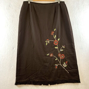 VTG Floral Embroidered Midi Skirt Sz 16 Cottagecore Folk Fringe Hem‎ Career